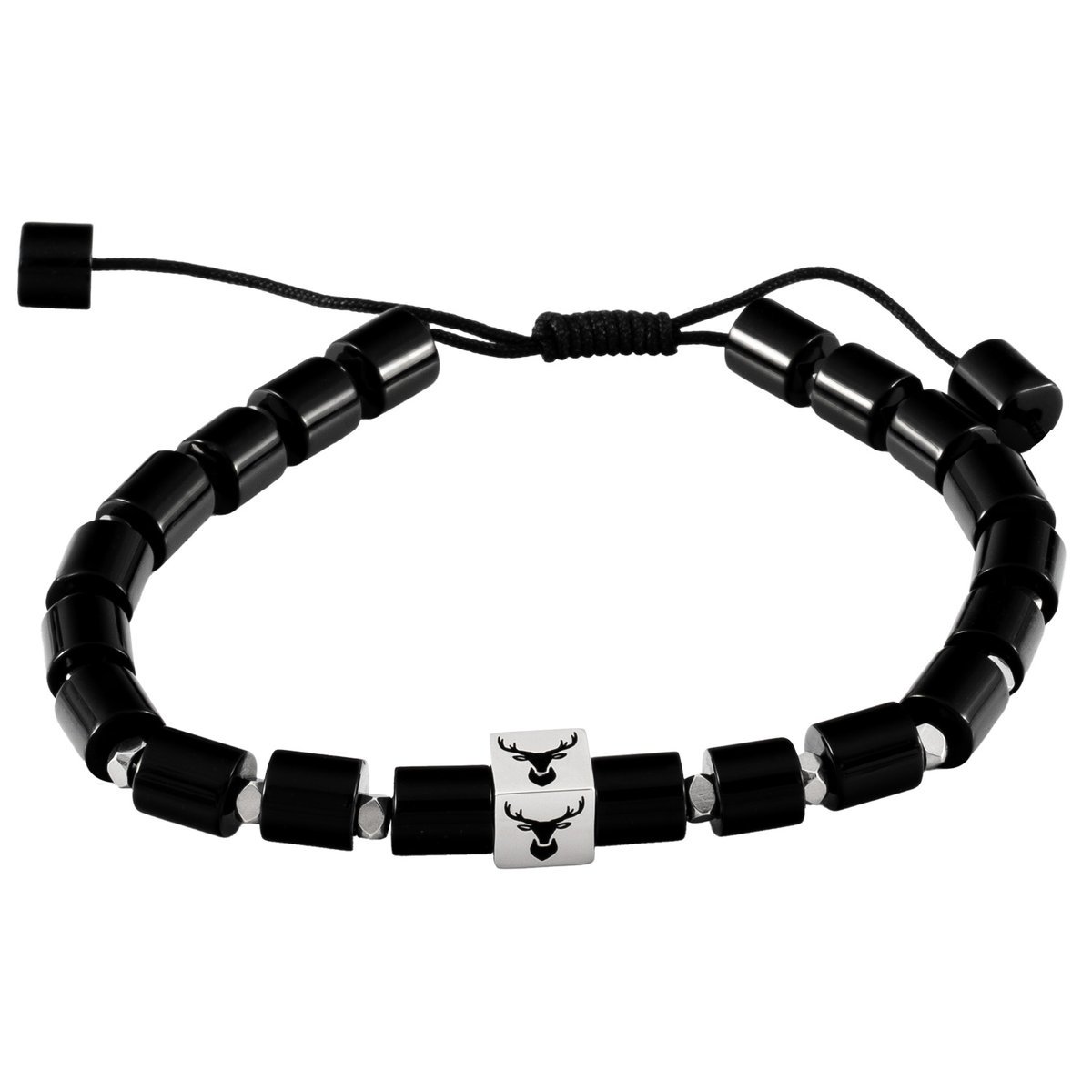 Bransoleta męska z czarnym agatem i głową jelenia