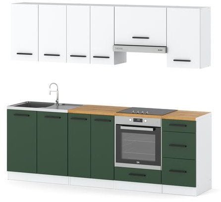 Meble Kuchenne Nowoczesna Z Blatem Mała 2.4m Biała Biały Butelkowa Zieleń