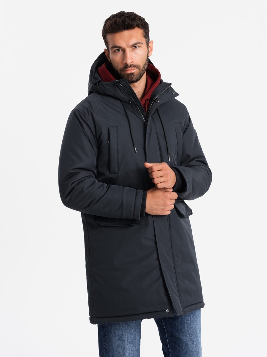 Klasyczna długa męska kurtka typu parka czarna V6 OM-JALJ-0166 S