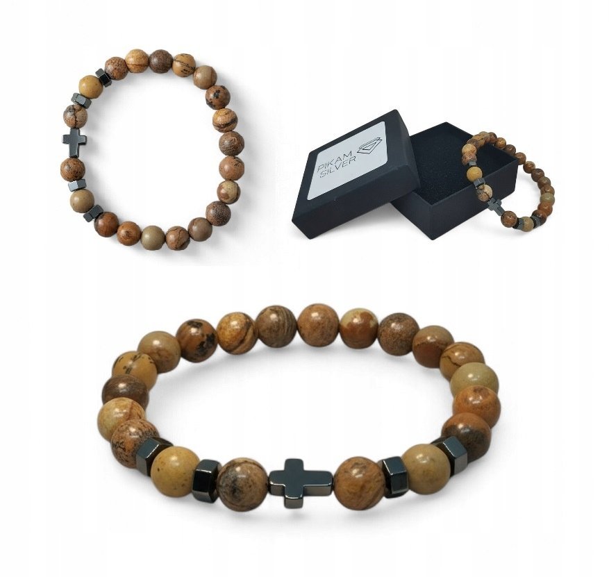 Bransoletka Z Kamieni Naturalnych 8,5mm Jaspis Obrazkowy Hematyt Z Krzyżyk