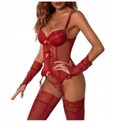 Komplety bielizny - Komplet Bielizny Gorset Stringi Pończochy Czerwony - Xl - miniaturka - grafika 1
