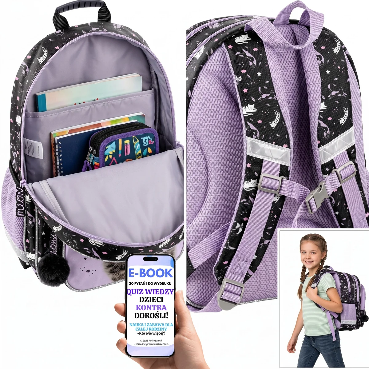 Plecak PASO Lawendowy w Gwiazdki z Nadrukiem Kota dla Uczennicy Klas 1-3 + E-BOOK-2