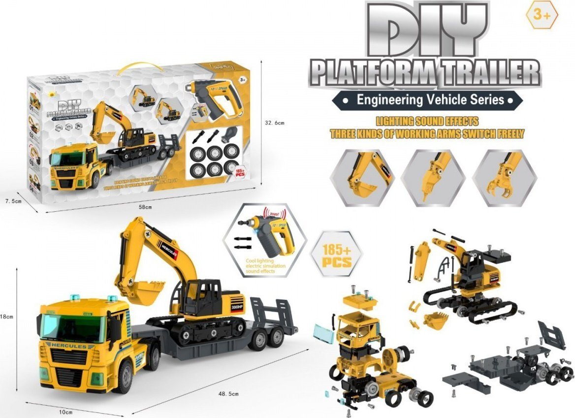 Ramiz Pojazdy budowlane do skręcania dla dzieci 3+ Ciężarówka + koparka + wiertarko-wkrętarka 185 el.