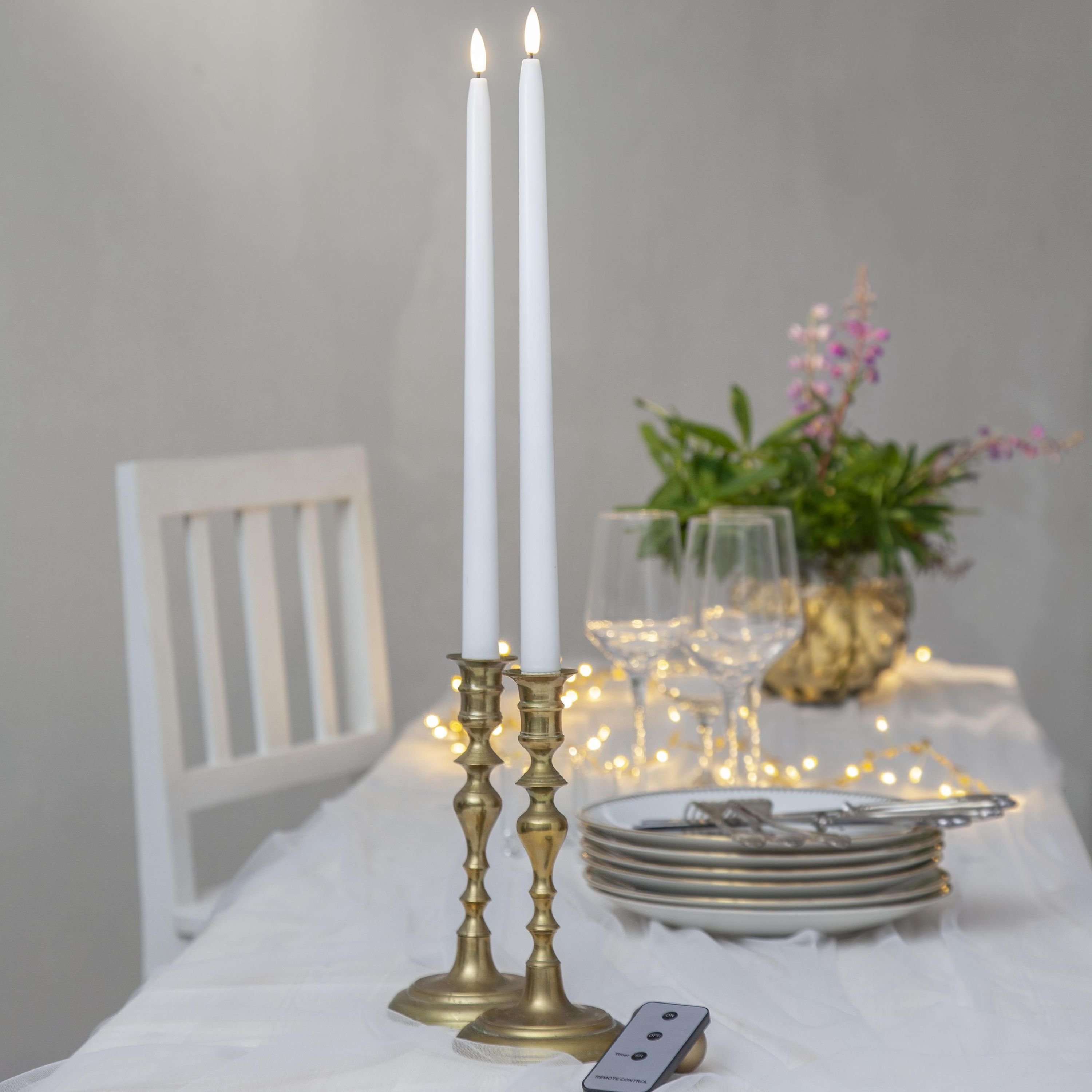 Zestaw 2x świeca Led obiadowa FLAMME SLIM biała 38cm na pilota