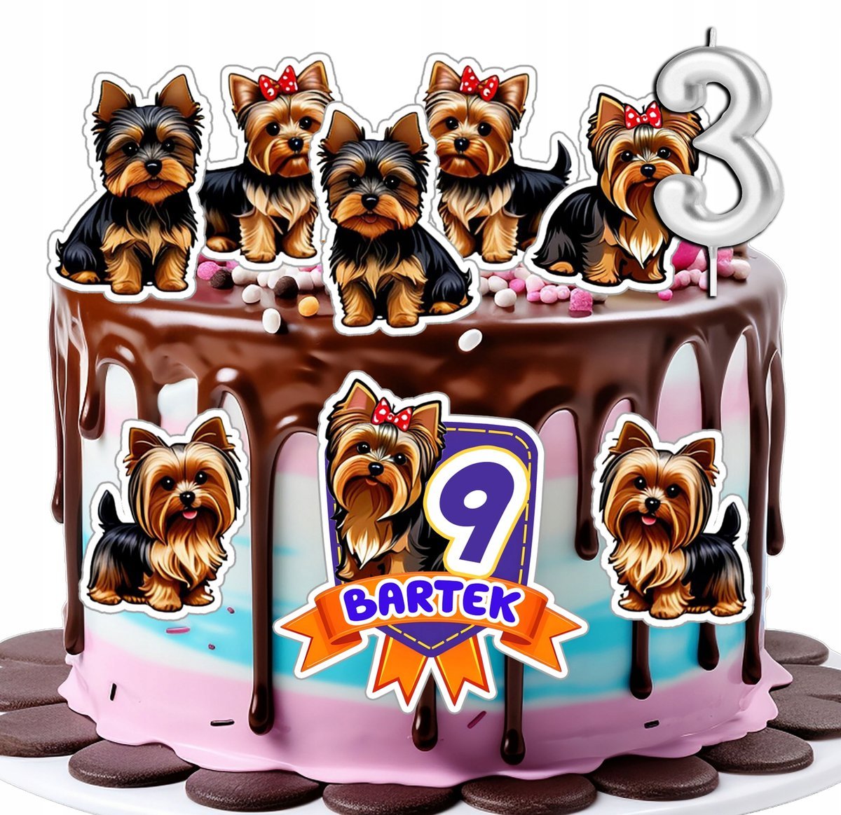 OPŁATEK ZESTAW URODZINOWY POSTACIE NA TORT - PIES YORKSHIRE TERRIER + IMIĘ
