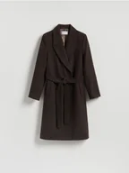 Płaszcze damskie - Reserved - Płaszcz z wiązanym paskiem - ciemnobrązowy - miniaturka - grafika 1