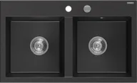 Zlewozmywaki - Mexen Hektor zlewozmywak granitowy 2-komorowy 800 x 490 mm, czarny/srebrny metalik, syfon chrom - 6521802000-73 - miniaturka - grafika 1
