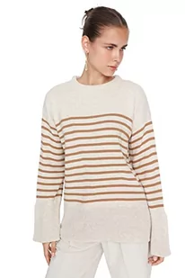 Trendyol Damska bluza oversize z okrągłym dekoltem w paski, BEŻOWY, M - Bluzy damskie - miniaturka - grafika 1