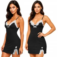 Bielizna nocna - Koszulka nocna na ramiączkach z koronką czarna - XL - miniaturka - grafika 1