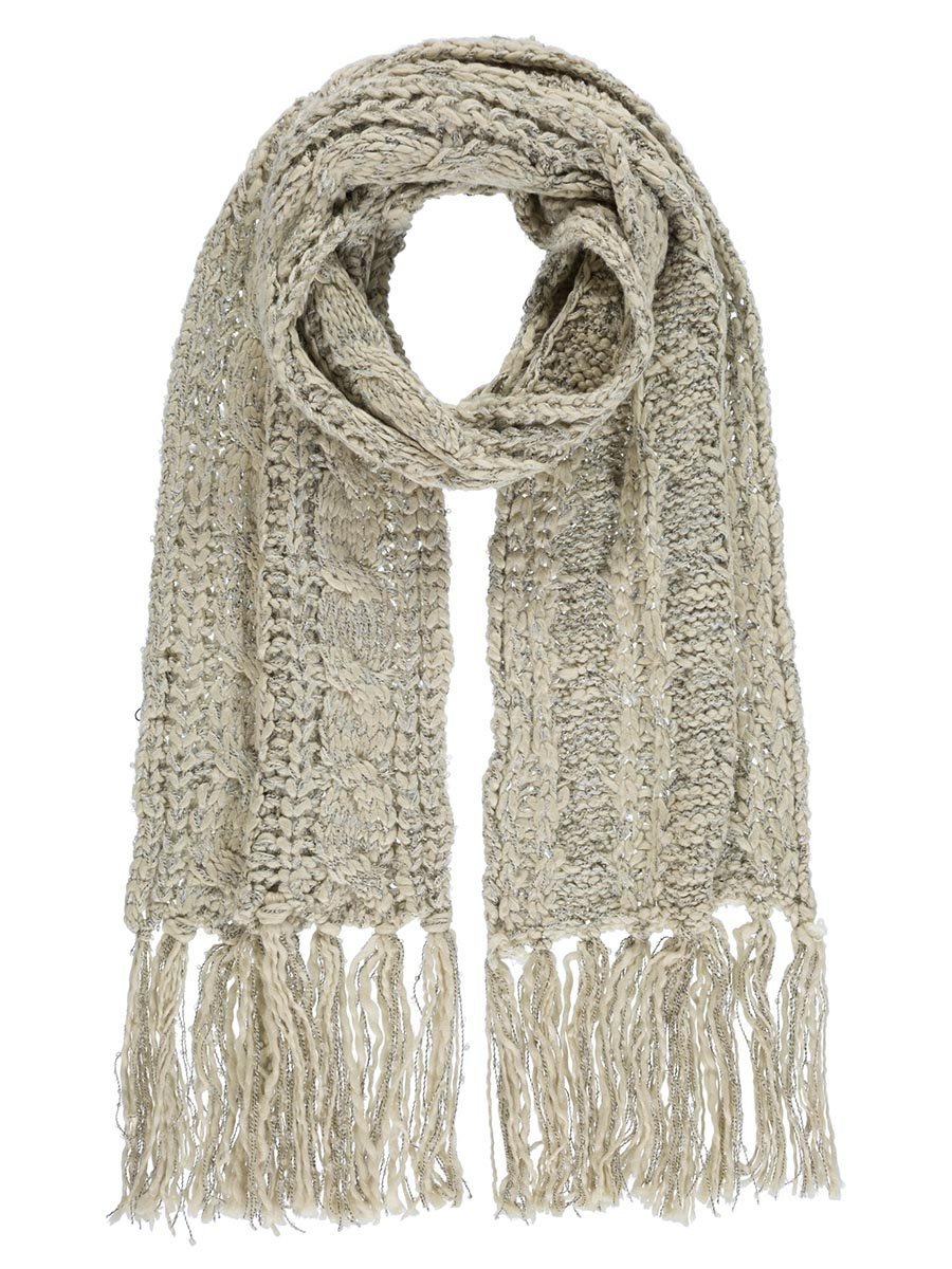 Damski szalik z brokatem i długimi frędzlami ecru Passigatti