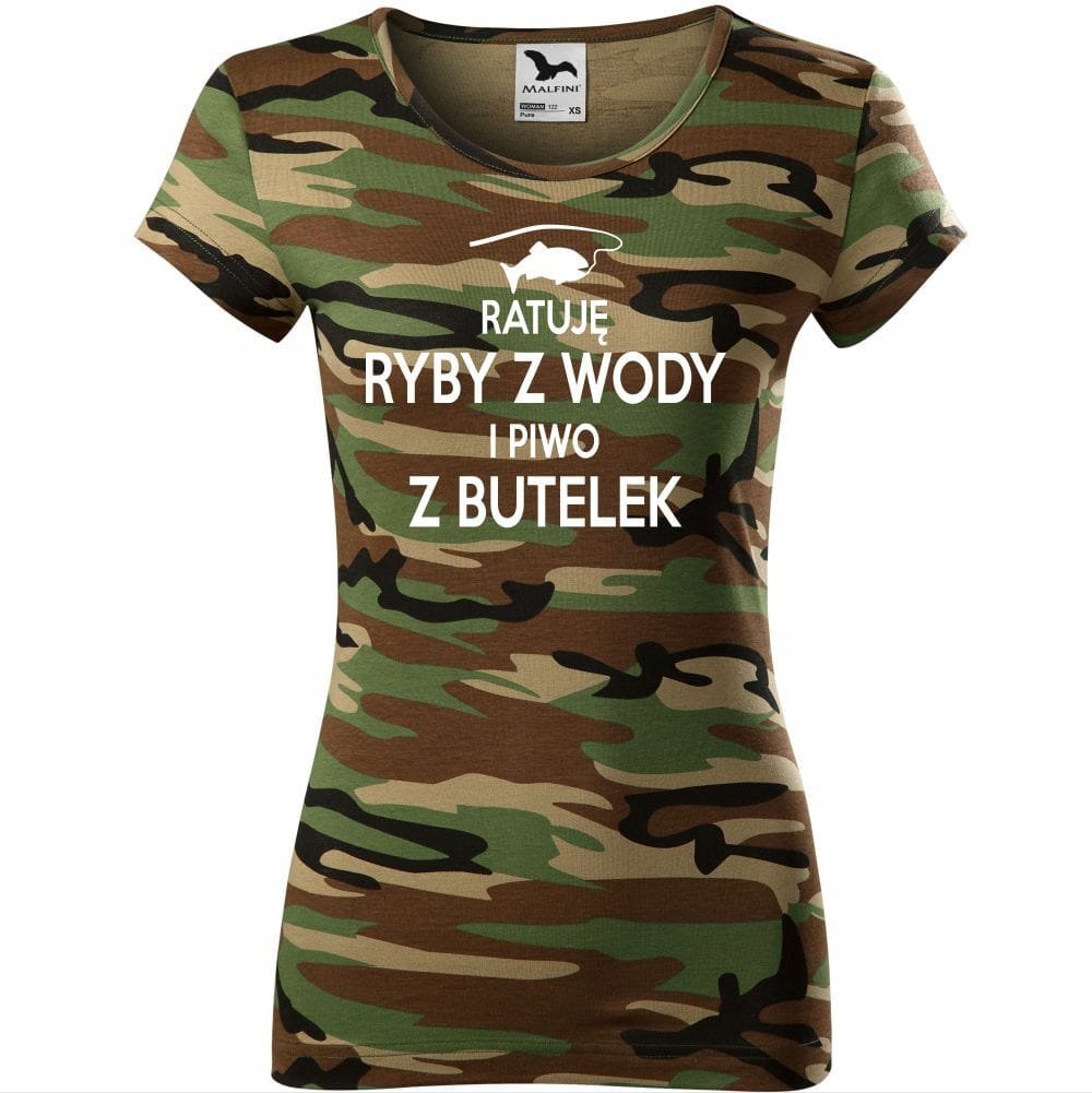 Damska Koszulka Moro z Nadrukiem Ratuję Ryby z Wody i Piwo z Butelek Prezent dla Wędkarza moro koszulka damska - ratuje ryby z wody i piwo z butelek..