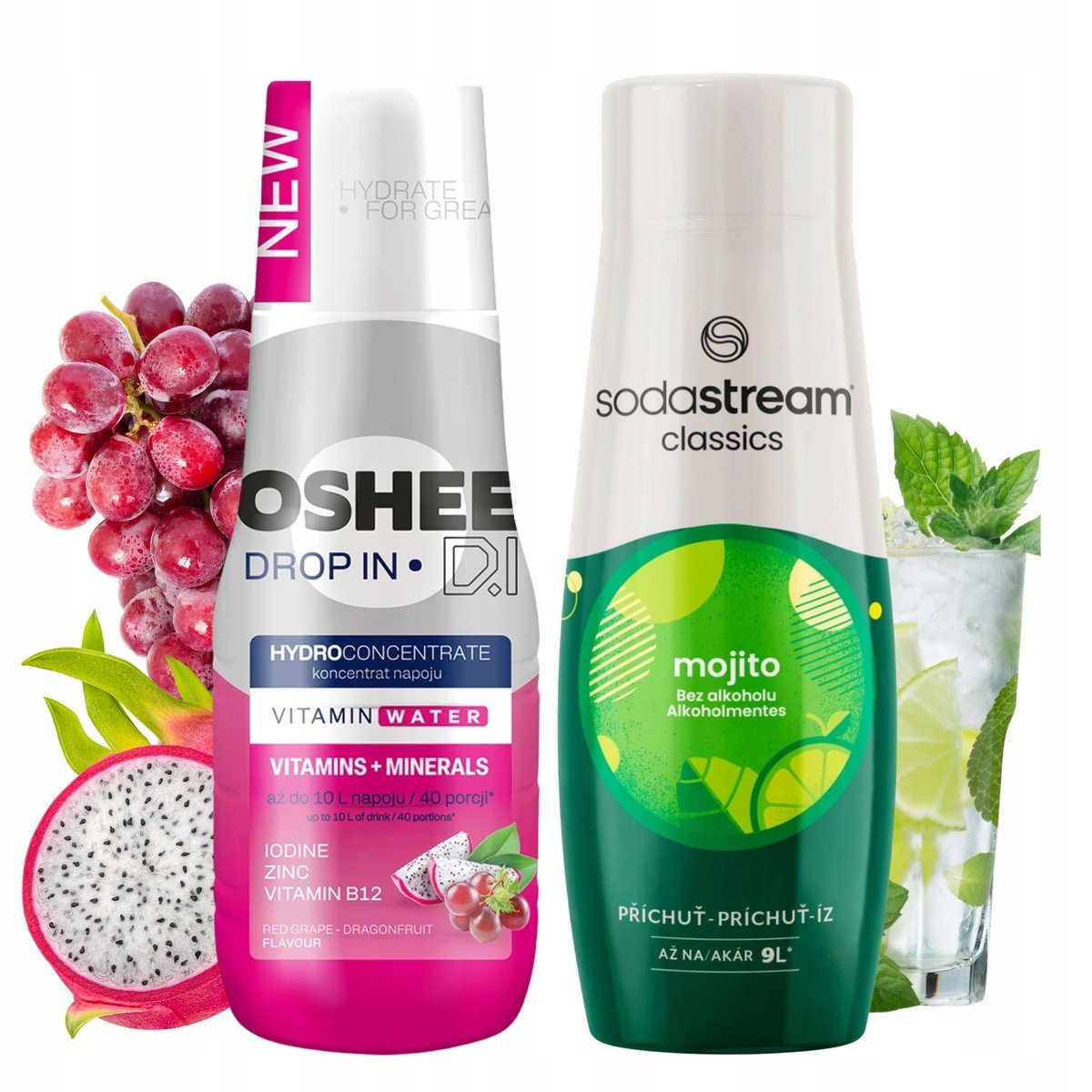 Syropy Zestaw: OSHEE Dragonfruit Winogrono + MOJITO SODASTREAM Koncentraty