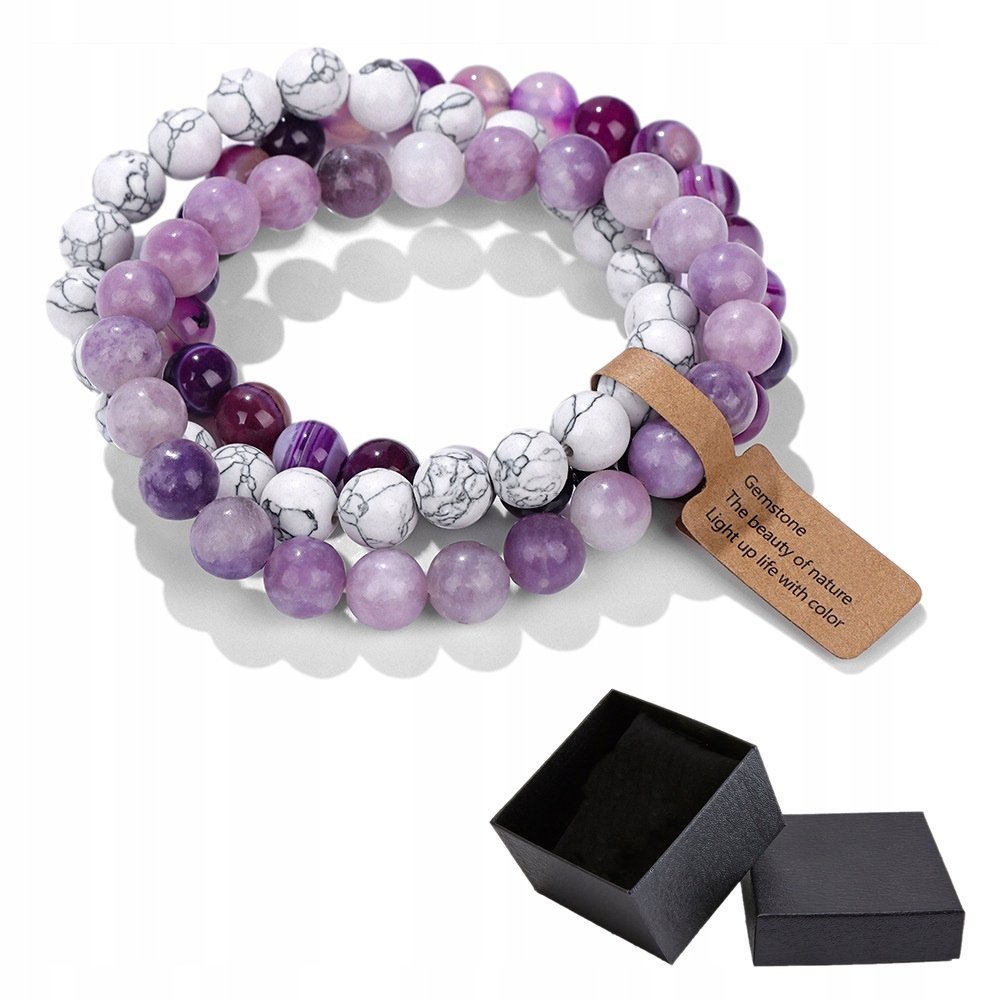 Zestaw 3 Bransoletki 8mm Kamień Naturalny Biały Howlit Fioletowy Agat Lilac