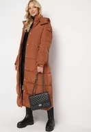 Kurtki damskie - Brązowa Długa Kurtka Pikowana z Kapturem Bellique - miniaturka - grafika 1