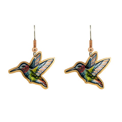 Kolczyki miedziane w kształcie kolibra z zielonymi piórami CA_495