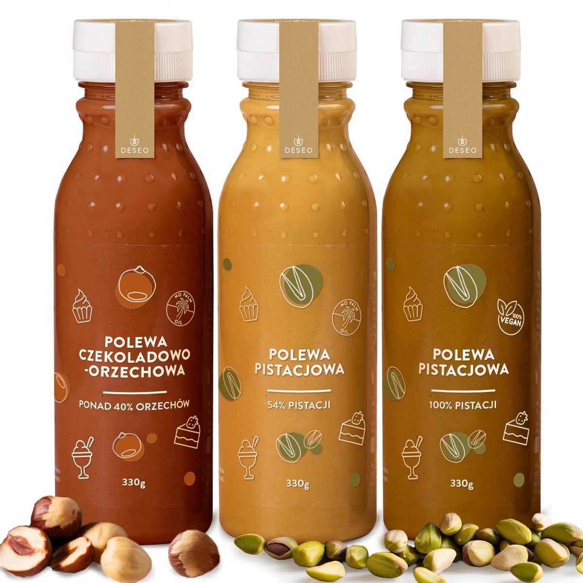 Zestaw 3*polewa do lodów: polewa pistacjowa polewa czekoladowa 3*330g DESEO