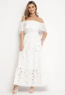 Sukienki - Biała Bawełniana Sukienka Maxi w Stylu Boho Ozdobiona Ażurowym Haftem Hellvia - miniaturka - grafika 1