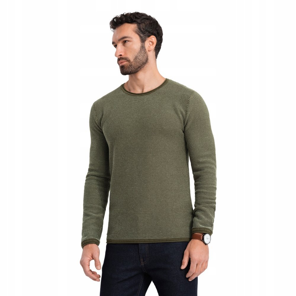 Dzianinowy męski sweter w strukturalne kropki oliwkowy V2 OM-SWSW-0118 S