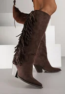 Kozaki damskie - Ciemnobrązowe Kozaki Kowbojki z Imitacji Zamszu z Frędzlami i Stożkowym Obcasem Rafilea - miniaturka - grafika 1