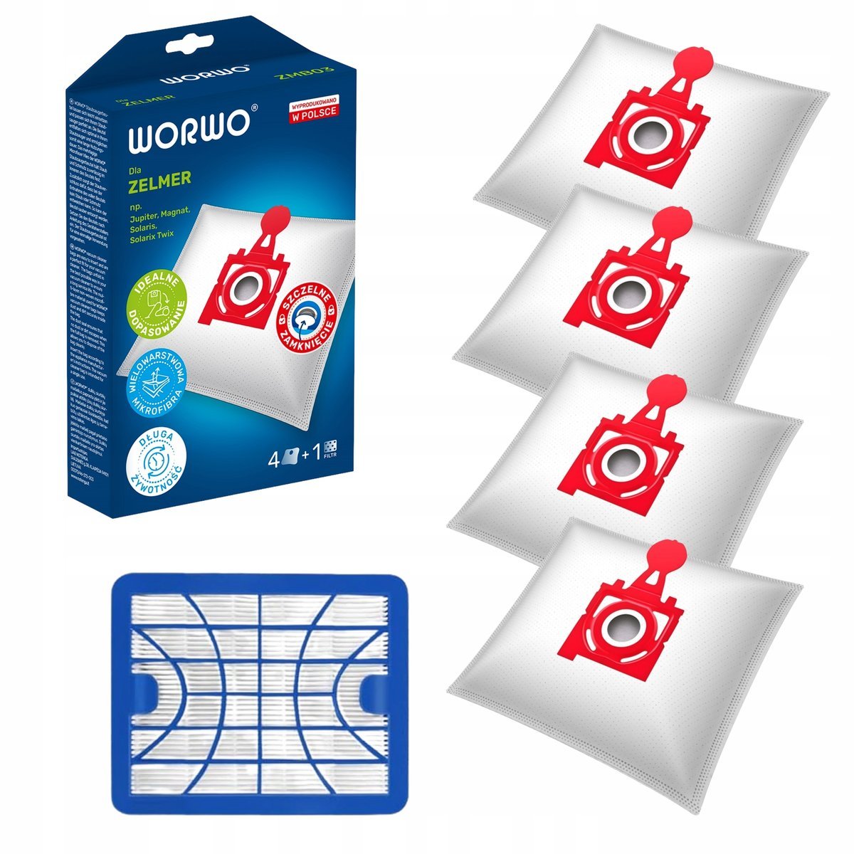 Worki + Filtr Do Odkurzacza Zelmer Jupiter Zvca300B 49.4200- 4Szt + Filtr