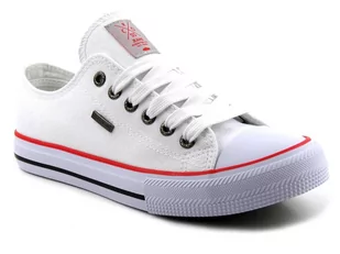Dzianinowe trampki, tenisówki damskie - Cross Jeans JJ2R4009C, białe z czerwonymi akcentami - Trampki damskie - miniaturka - grafika 1
