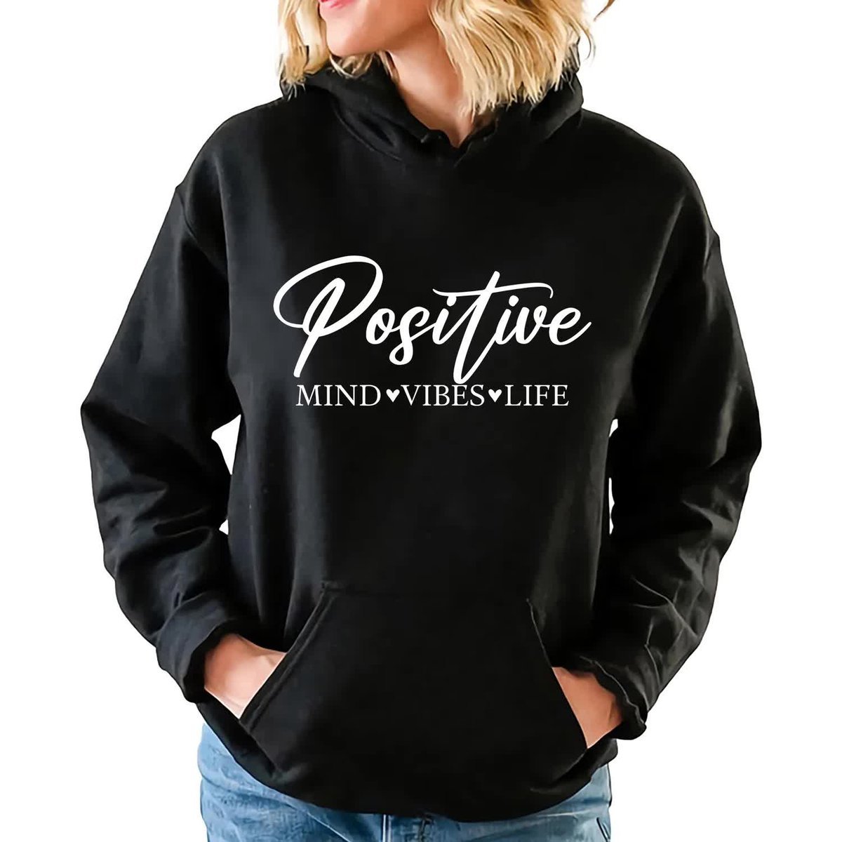 Bluza Damska Czarna Z Kapturem POSITIVE MIND VIBES Na Prezent Wzory Roz M