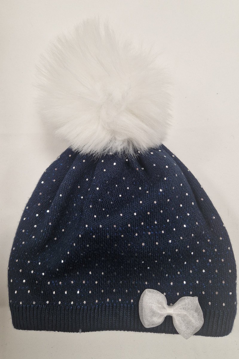 Dziewczęca Czapka z Cekinami i Pomponem Białym Granatowa