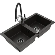 Zlewozmywaki z baterią - Mexen Mario zlewozmywak granitowy 2-komorowy z baterią kuchenną Duo, czarny/złoty metalik - miniaturka - grafika 1