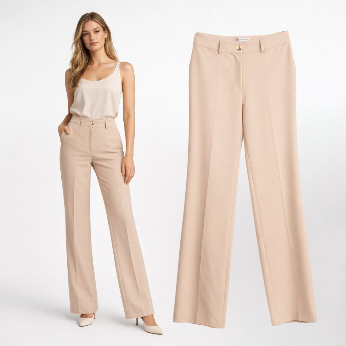 Spodnie Damskie Wide Leg Wizytowe Eleganckie Materiałowe Beżowe EDAN M