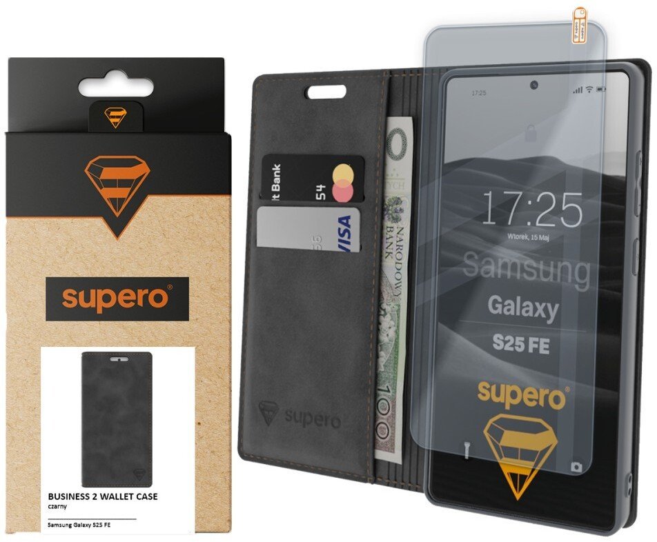 Etui z klapką Supero Business 2 Wallet Case do Samsung Galaxy S25 FE, czarne + szkło