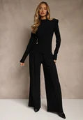 Komplety damskie - Czarny Elegancki Komplet Spodnie Wide Leg i Bluzka z Poduszkami w Ramionach Sewinea - miniaturka - grafika 1