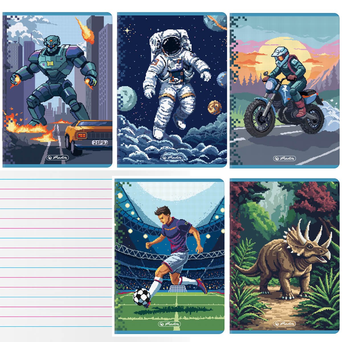 5 SZT. X ZESZYT A5, 16 KARTEK, KOLOROWE TRZY LINIE, PIXEL FUN DLA CHŁOPCA, HERLITZ