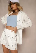 Komplety damskie - Biały Komplet Szorty i Koszula z Wiskozy i Bawełny w Haftowane Małe Kwiaty Olirwena - miniaturka - grafika 1