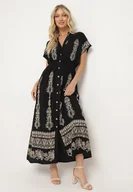 Sukienki - Czarna Haftowana Taliowana Sukienka z Bawełną Zdobiona Srebrną Nicią i Gumkami Ellofia - miniaturka - grafika 1