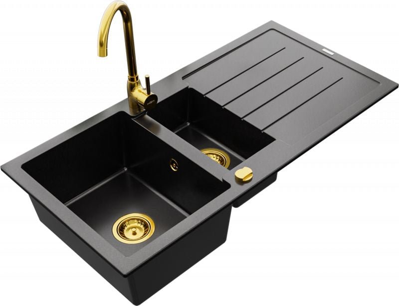 Mexen Zlewozmywak   Andres zlewozmywak granitowy 1,5-komorowy z ociekaczem i baterią kuchenną Telma, czarny - 6515-77-670200-50