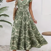 Inne - TEMU wiosenna i letnia wakacyjna damskie drukowane patchwork krótki rękaw V-Neck długa sukienka z wiecznej mgły. - miniaturka - grafika 1