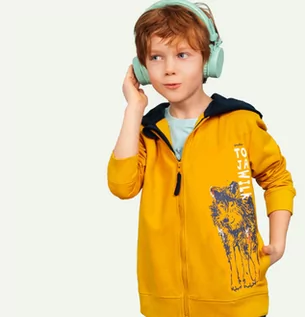 Bluzy dla chłopców - Rozpinana bluza dla chłopca z kapturem, z wilkiem, pomarańczowa, 4-8 lat - grafika 1