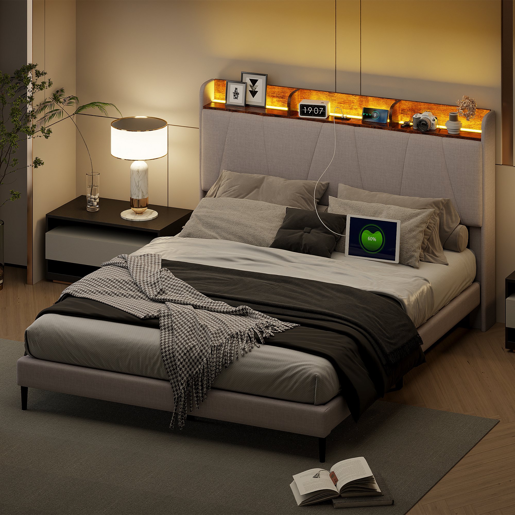 Łóżko tapicerowane Fortuna-Lai 140x200 cm podwójne łóżko ze stelażem listwowym, USB/TPCY-C i oświetleniem LED, schowki, łóżko do przechowywania funkcjonalne łóżko z lnu