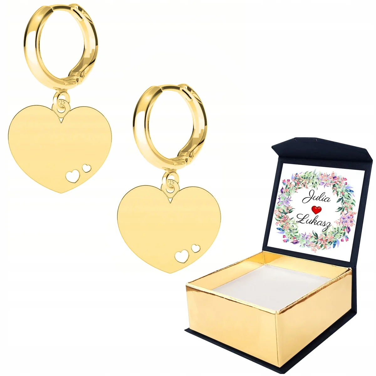 Kolczyki Złote Serca Serduszka Blaszki Heart Love SREBRO 925 NADRUK