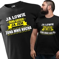 Koszulki męskie - Męska koszulka dla Wędkarza Super prezent dla Taty dla Przyjaciela na Urodziny Śmieszna koszulka z napisem Ja łowię żona gotuje ja jem ona mnie koch.. - miniaturka - grafika 1