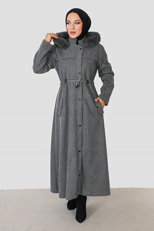 DŁUGA SZARA PŁASZCZ KOBIECY Z KAPTUREM I PASKIEM 48 5GA*