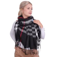 Apaszki i szaliki damskie - Szal Damski W Kratę British Plaid Czarny Z Frędzlami - miniaturka - grafika 1