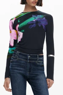 DAMSKI T-SHIRT Z DŁUGIM RĘKAWEM DESIGUAL W KOLORZE CZARNYM - Koszulki i topy damskie - miniaturka - grafika 1