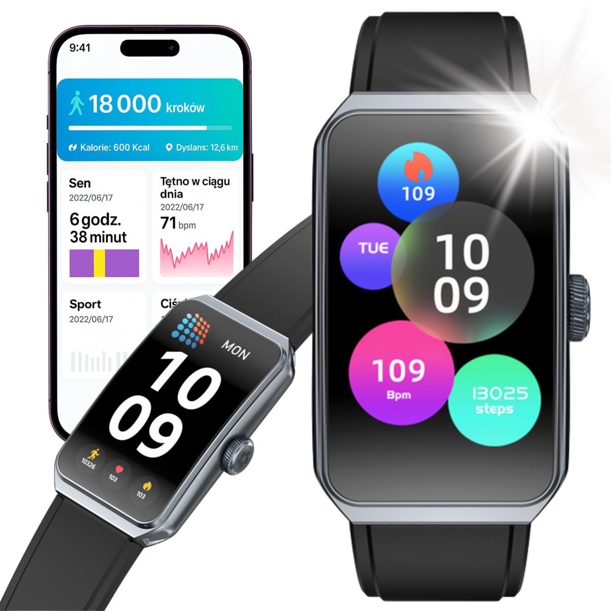 Smartband Angelo Watches Seria R 2025 – Opaska Sportowa Męska Damska, Pulsoksymetr, Ciśnieniomierz, Menu PL, IP68 + Szkło