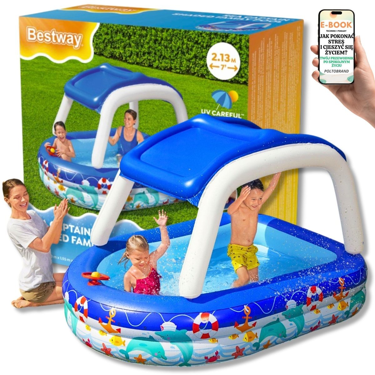 OCHRONA PRZED SŁOŃCEM Dmuchany Basen Dla Dzieci Rodzinny z Daszkiem UV 213x155 – Bestway + EBOOK-1