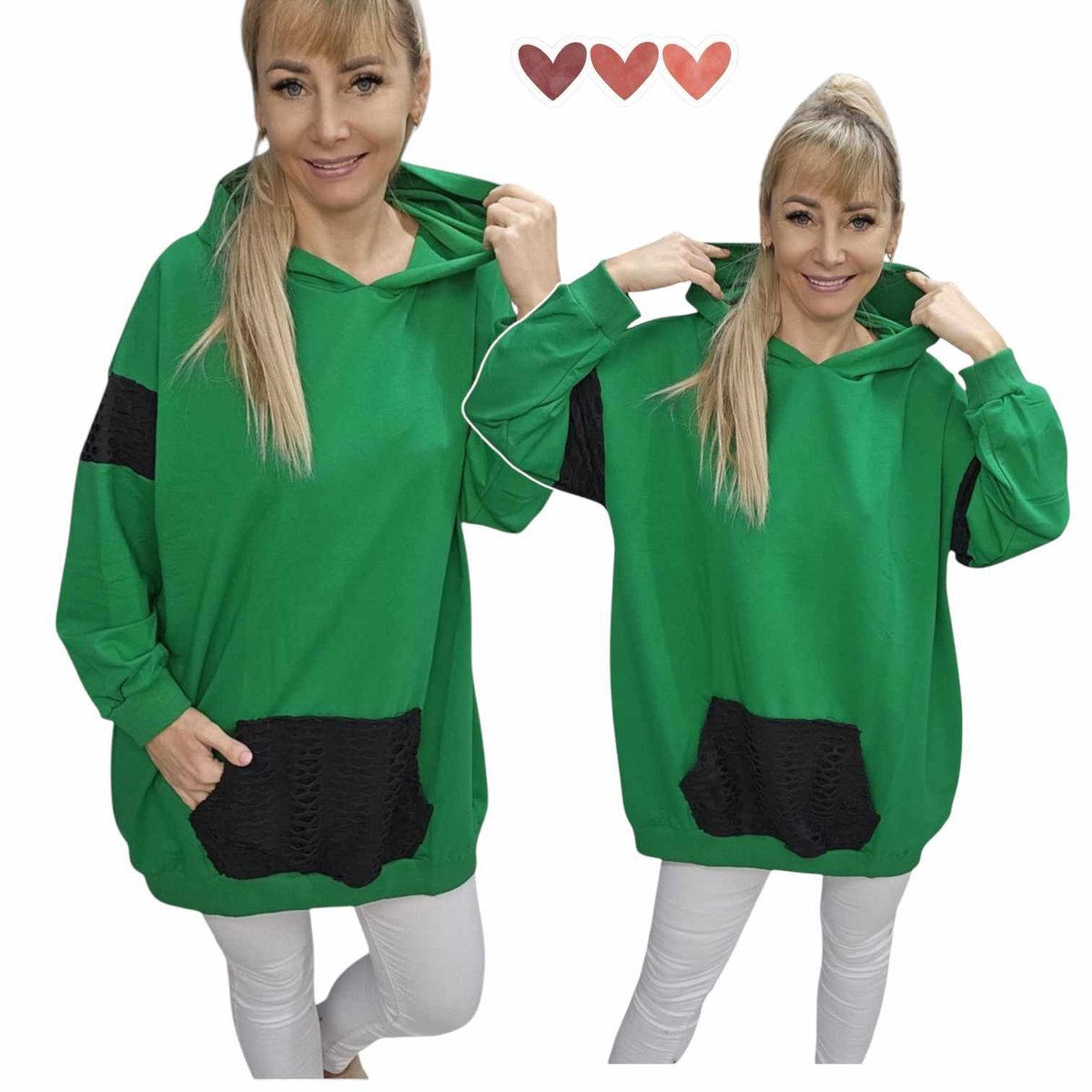 BLUZA DAMSKA KANGUREK DRESOWA kaptur na co dzień zielona 54 56 7XL 8XL 3167