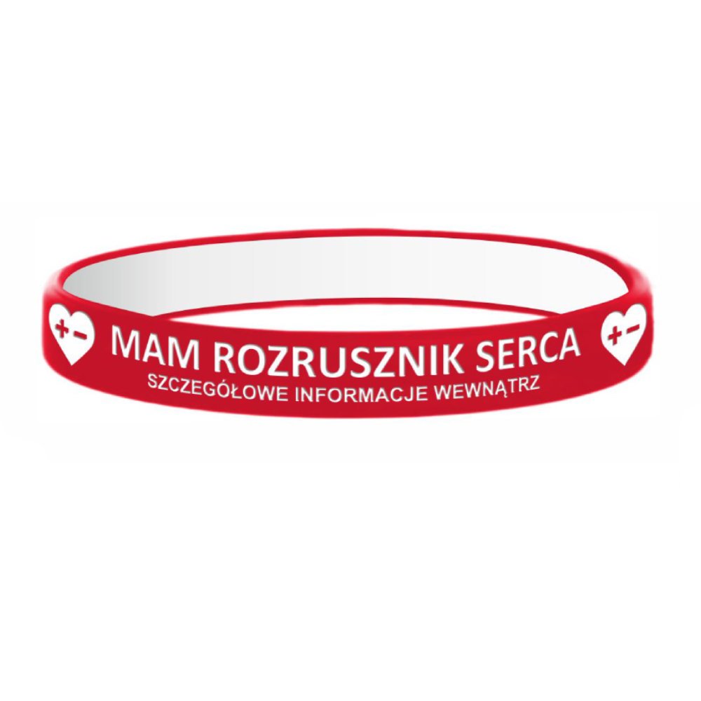 Opaska silikonowa na nadgarstek z miejscem na informacje - Mam Rozrusznik Serca - Czerwona