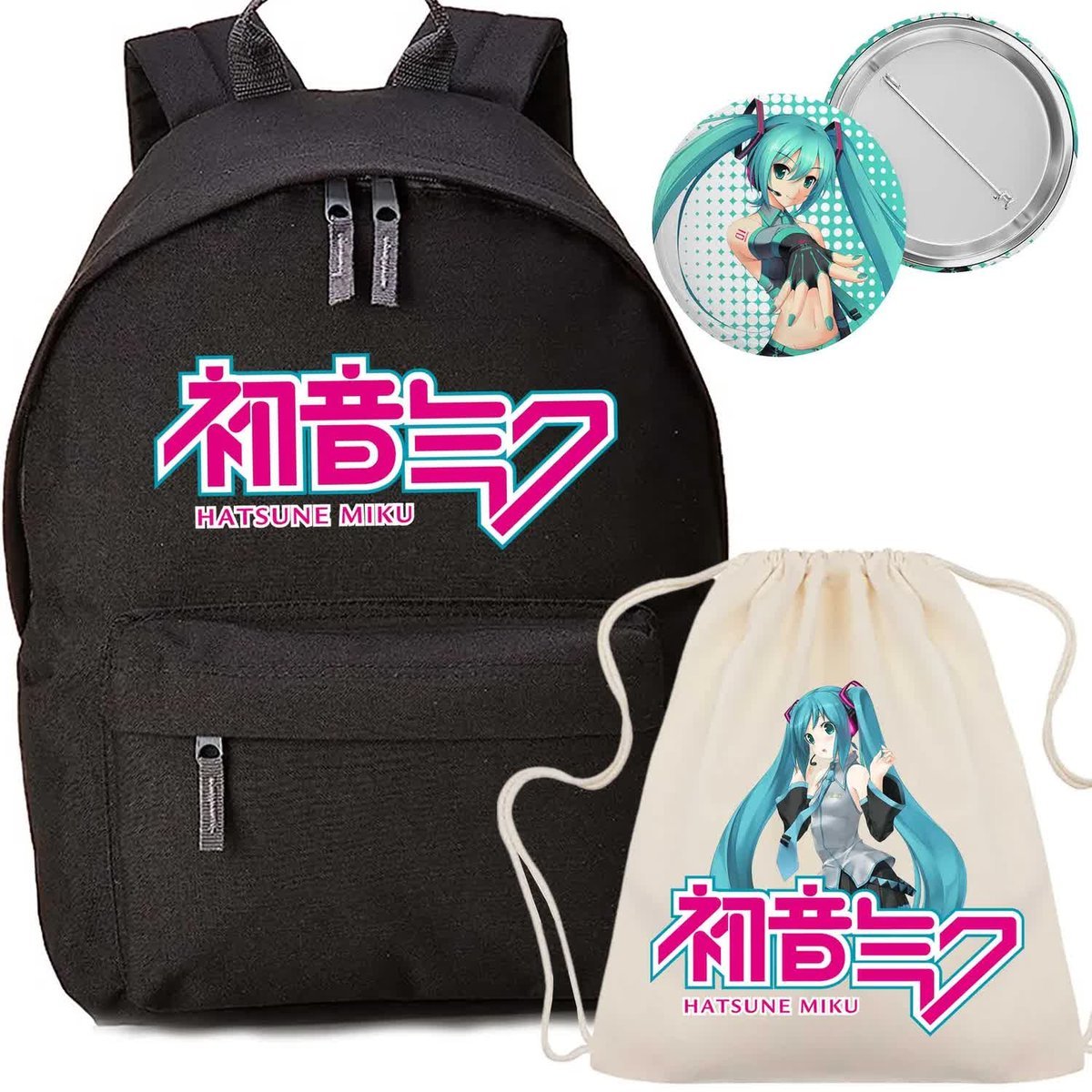 Zestaw Do Szkoły Czarny Plecak+Worek+Przypinka HATSUNE MIKU Wyprawka