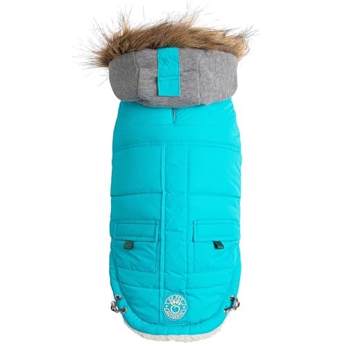 GF Pet Parka dla psa, kurtka zimowa, żeglarz, ciepły płaszcz dla psów, podszewka polarowa, wegańskie futro z kapturem, ocieplacz - kolor Aqua - rozmiar S