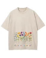 Koszulki i topy damskie - Damska koszulka oversize efekt sprania Kolorowe Kwiaty Wiosna Beżowa L - miniaturka - grafika 1